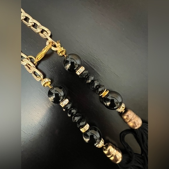 Retro chain belt with beads and tassles accents, black and gold tone - Picture 6 of 9